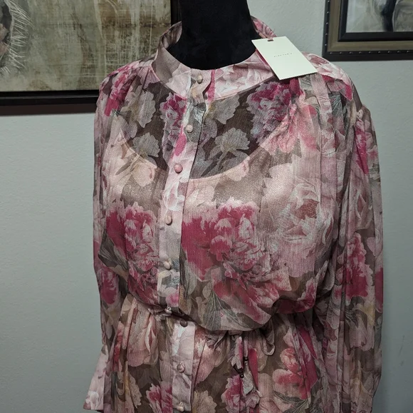 Alex Marie Lana Floral Print Long Puffed Sleeve Mock Neck Tiered Hem Dress